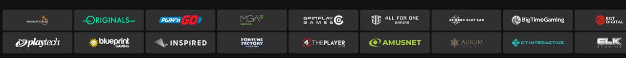 Logotipos de estúdios no lobby: Pragmatic Play, Originals, Play'n GO, MGA Games, Playtech, Blueprint Gaming, Inspired, Big Time Gaming, EGT Digital, Amusnet, CT Interactive, ELK Studios e outros