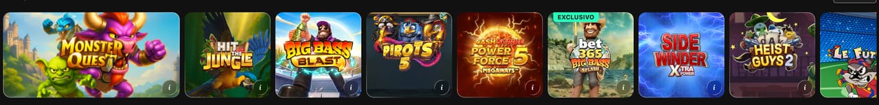 Fileira de slots no lobby com o bet365 Big Bass Splash marcado como exclusivo